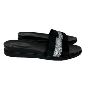 LOGO By Lori Goldstein Gwen Leather Hair Calf Black Silver Slide Sandals Women 9